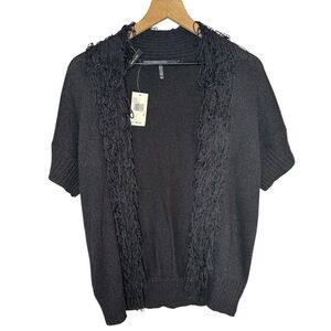 mac & jac Black Short-Sleeve Open-Front Cardigan with Fringe Trim